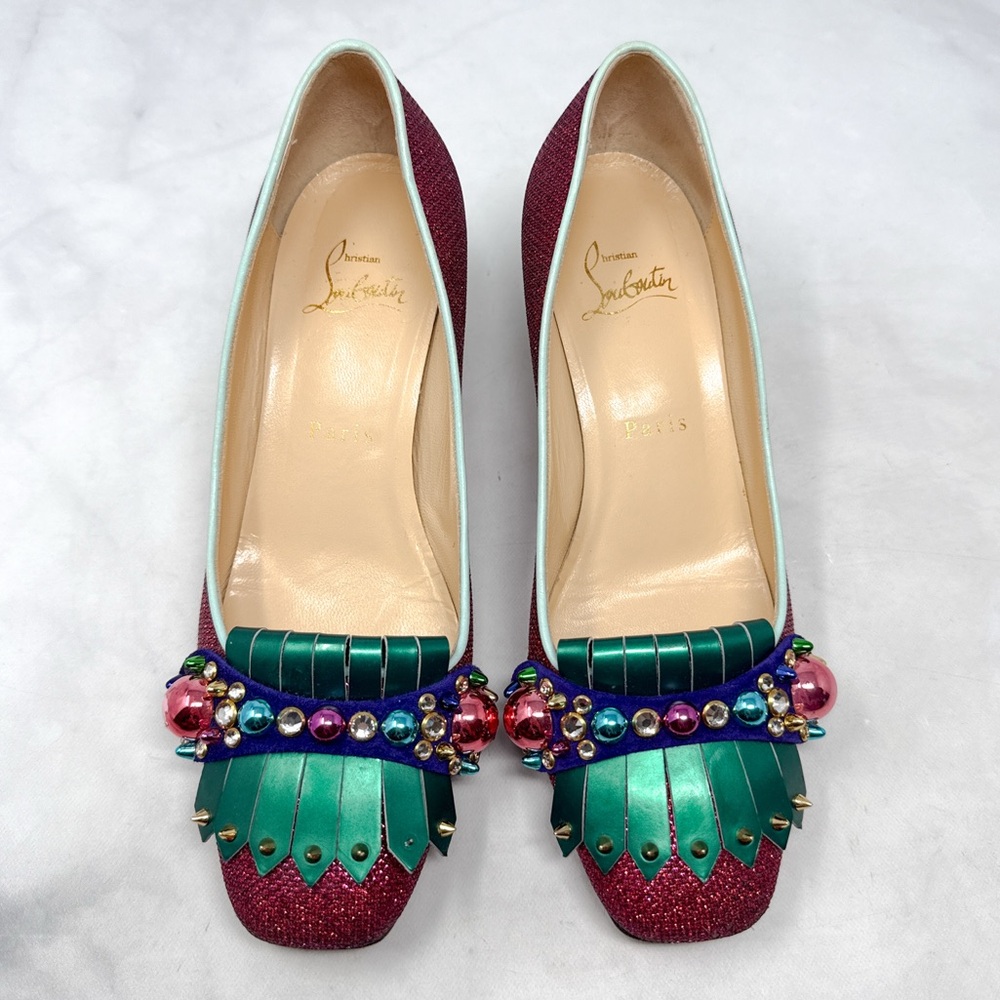 Christian Louboutin Oaxacana 45 Glitter Studded Fringe Heeled Loafer Flat Shoes - Picture 3 of 16